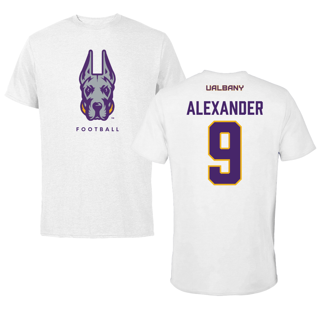 University at Albany Football White Mascot Tee - #9 Landon Alexander