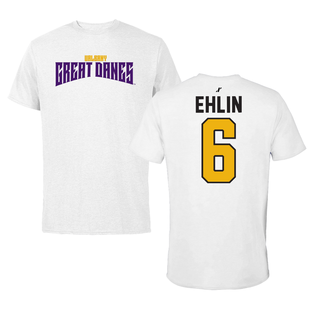 University at Albany Soccer White Classic Performance Tee - #6 Elias Ehlin