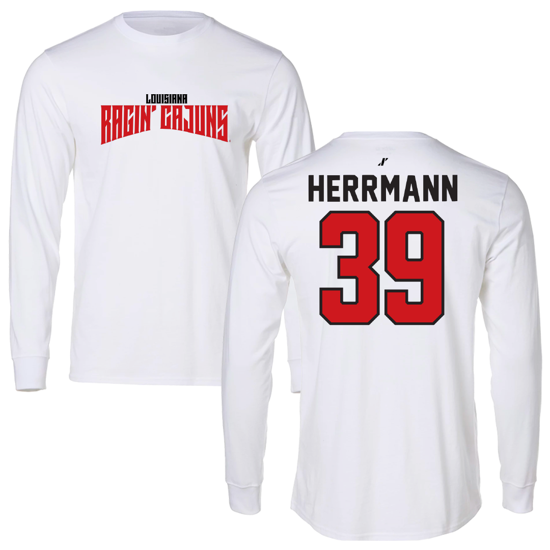 University of Louisiana at Lafayette Baseball White Classic Long Sleeve - #39 Andrew Herrmann