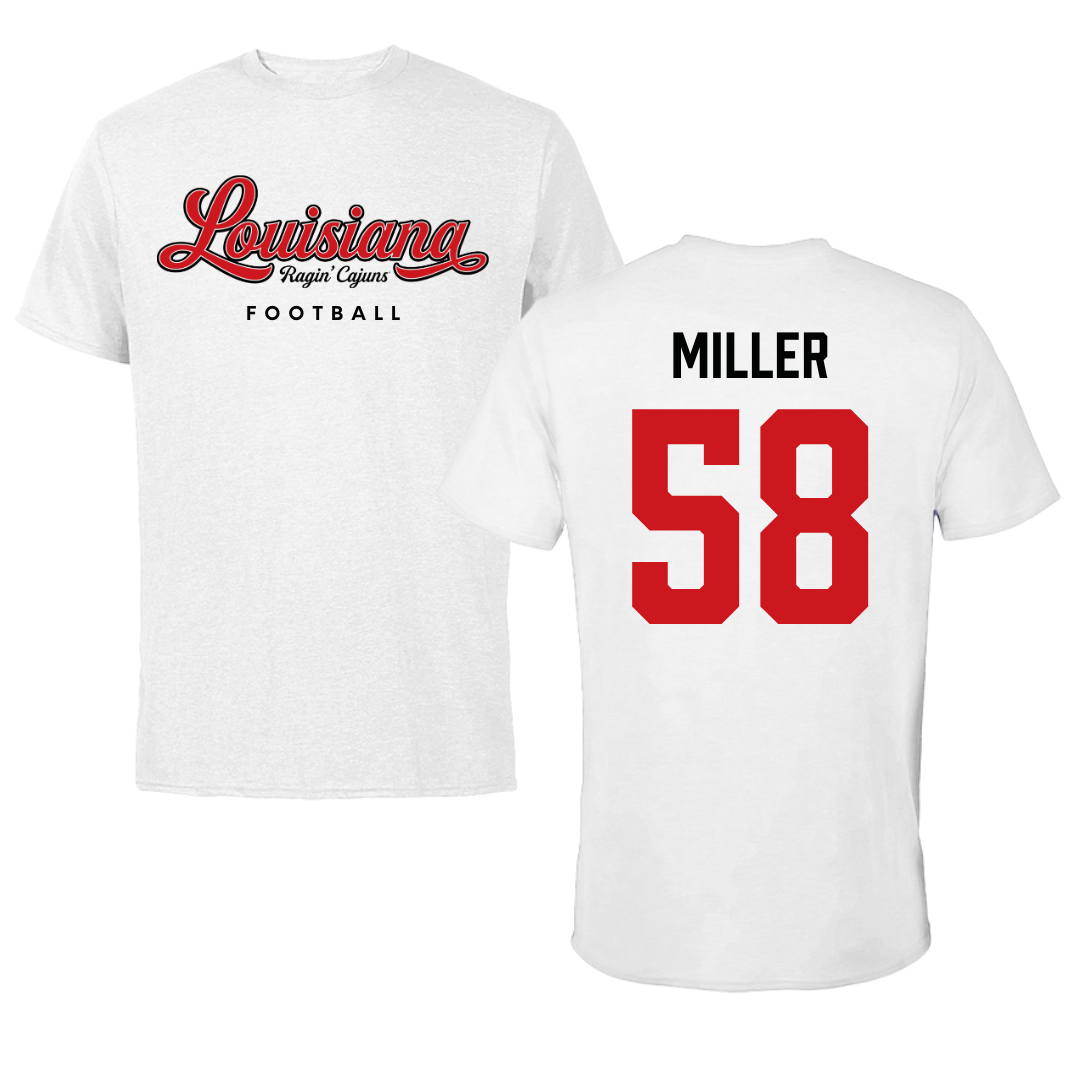 University of Louisiana at Lafayette Football White Tee - #58 Grant Miller