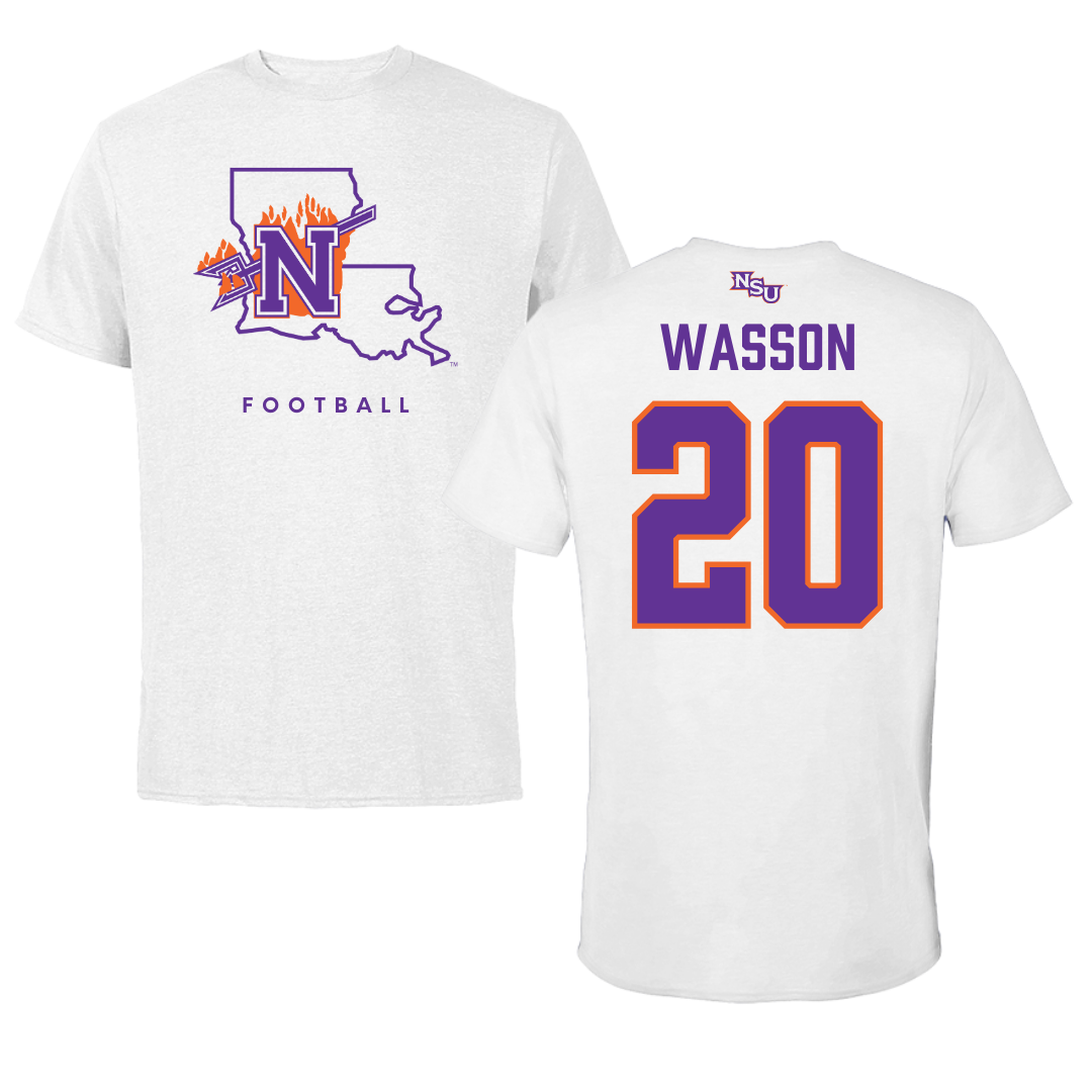 Northwestern State University Football White Performance Tee - #20 Hogan Wasson