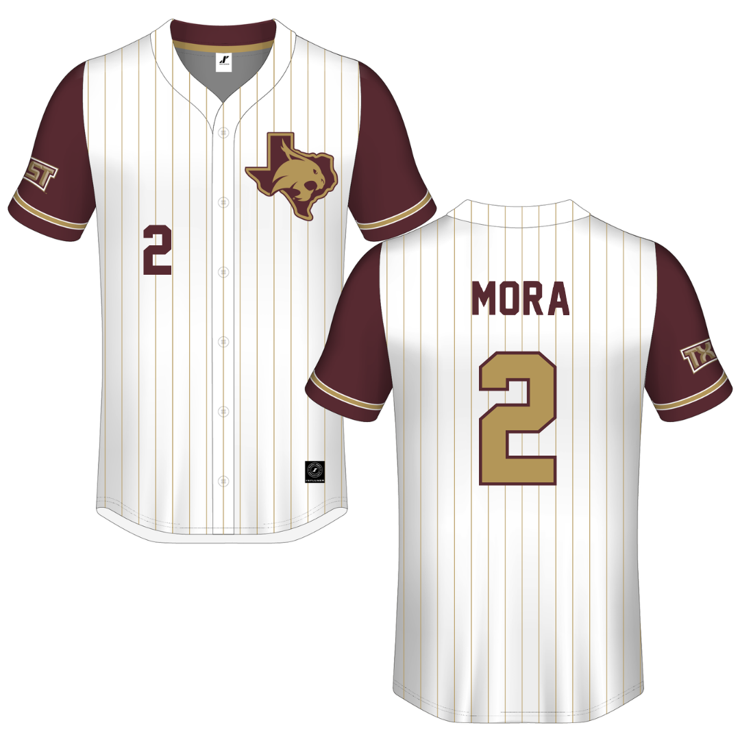 Texas State University White Pinstripe Button-Down Jersey - #2 Chase Mora
