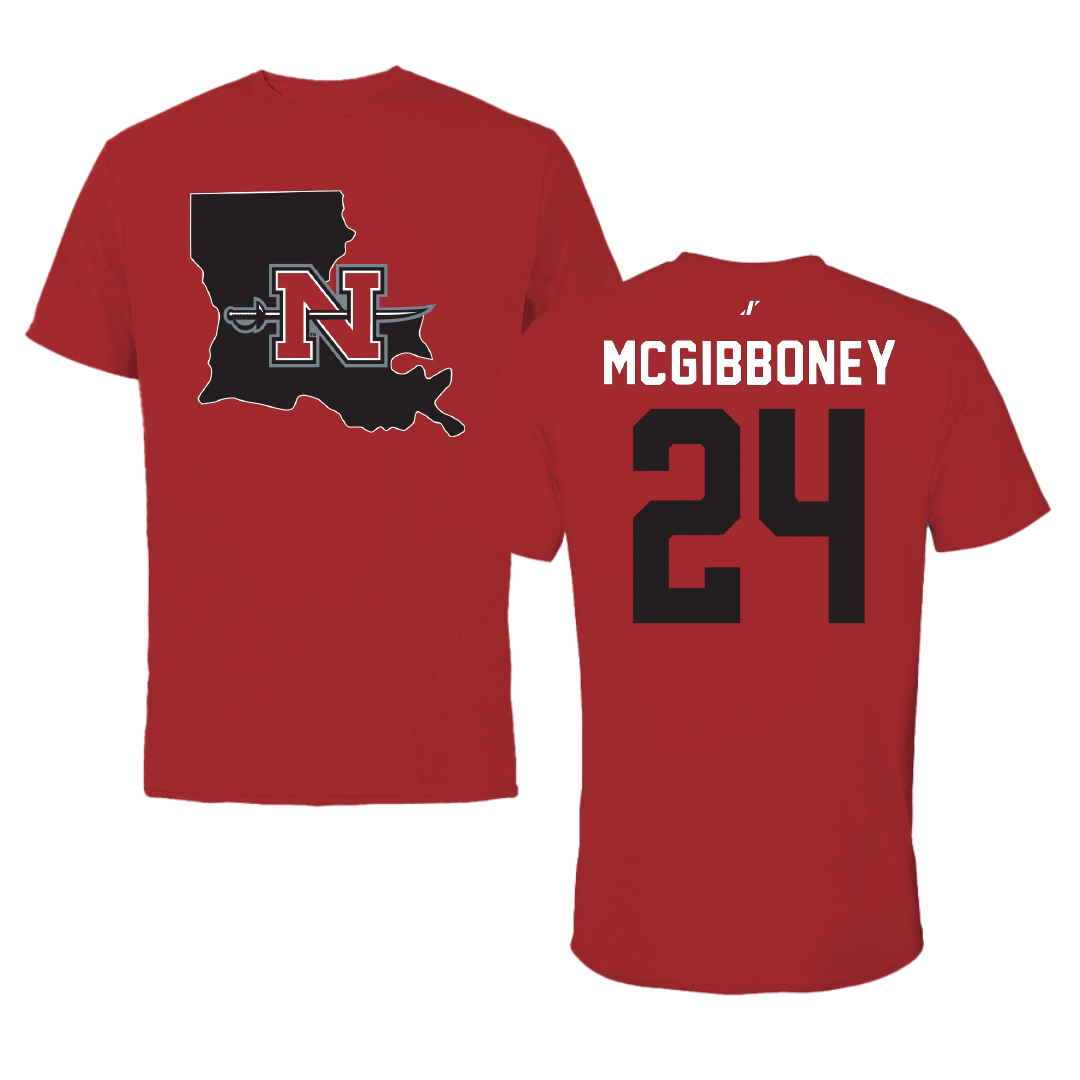 Nicholls State University Baseball Canvas Red State Tee - #24 Luke McGibboney