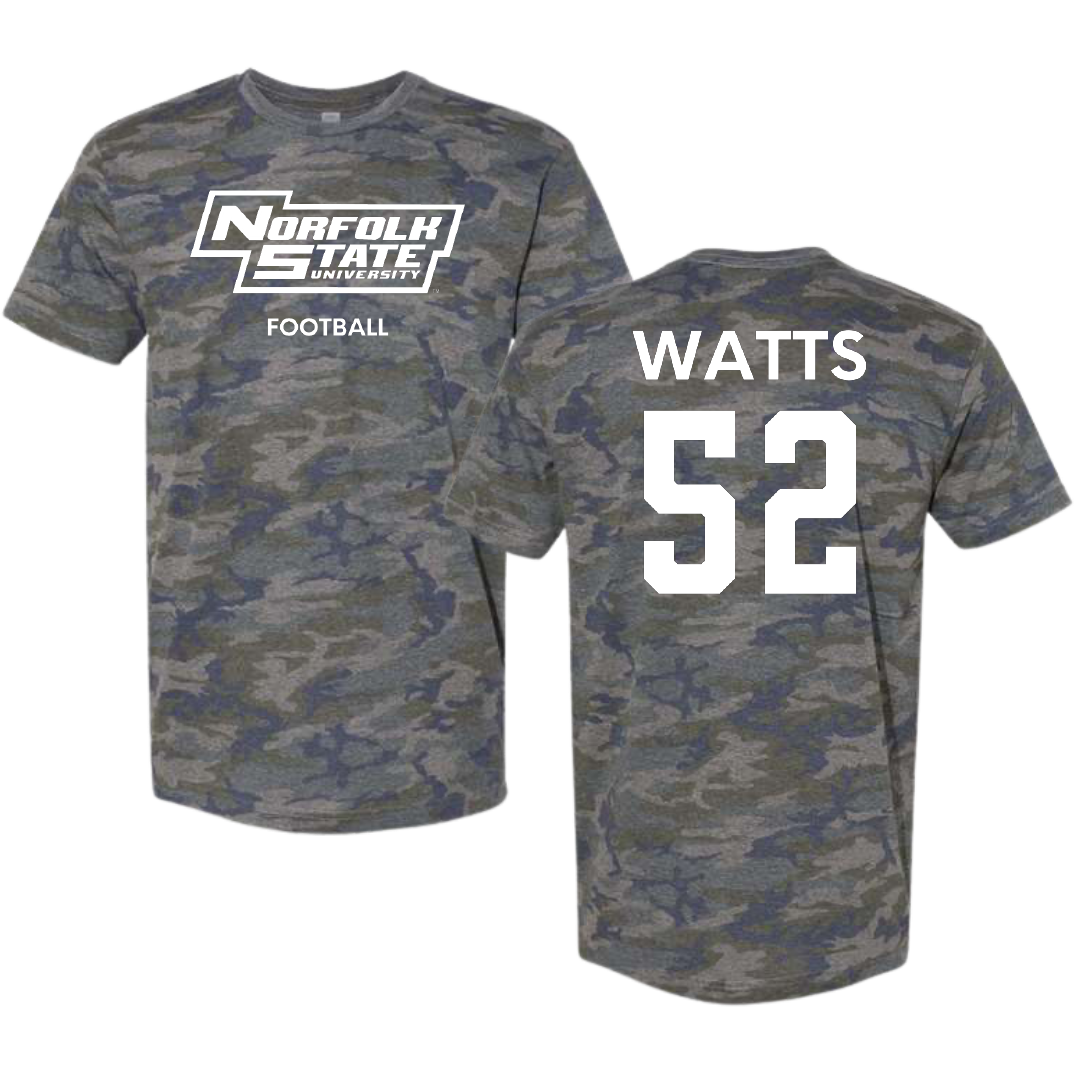 Norfolk State University Football Vintage Camo Tee - #52 Matthieu Watts