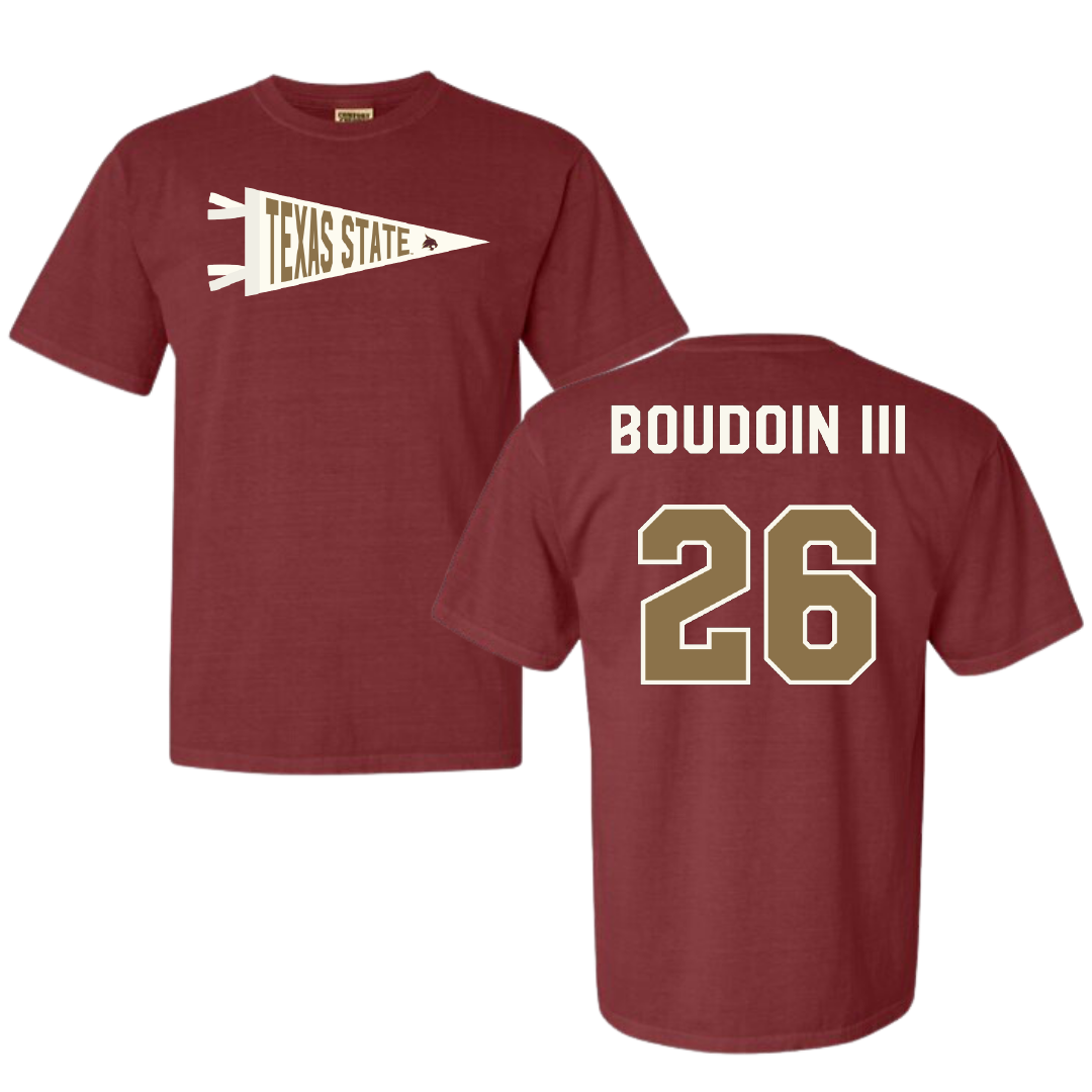 Texas State University Football Maroon Pennant Comfort Colors Tee - #26 Michael Boudoin III