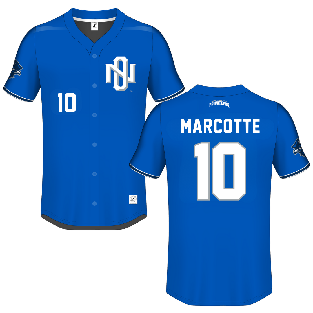 University of New Orleans Blue Button-Down Jersey - #10 Riley Marcotte