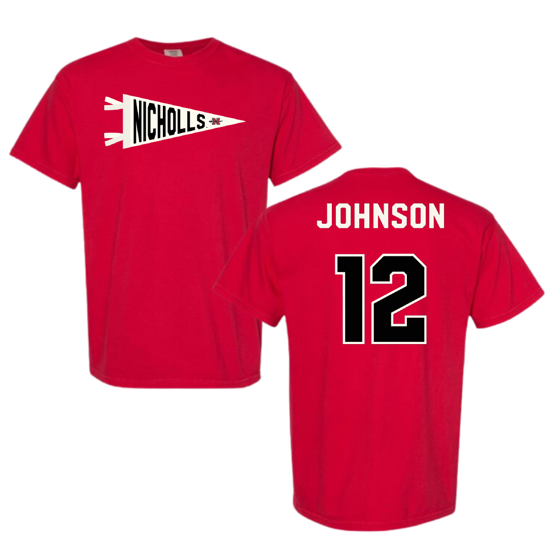 Nicholls State University Baseball Red Pennant Comfort Colors Tee - #12 Tyler Johnson
