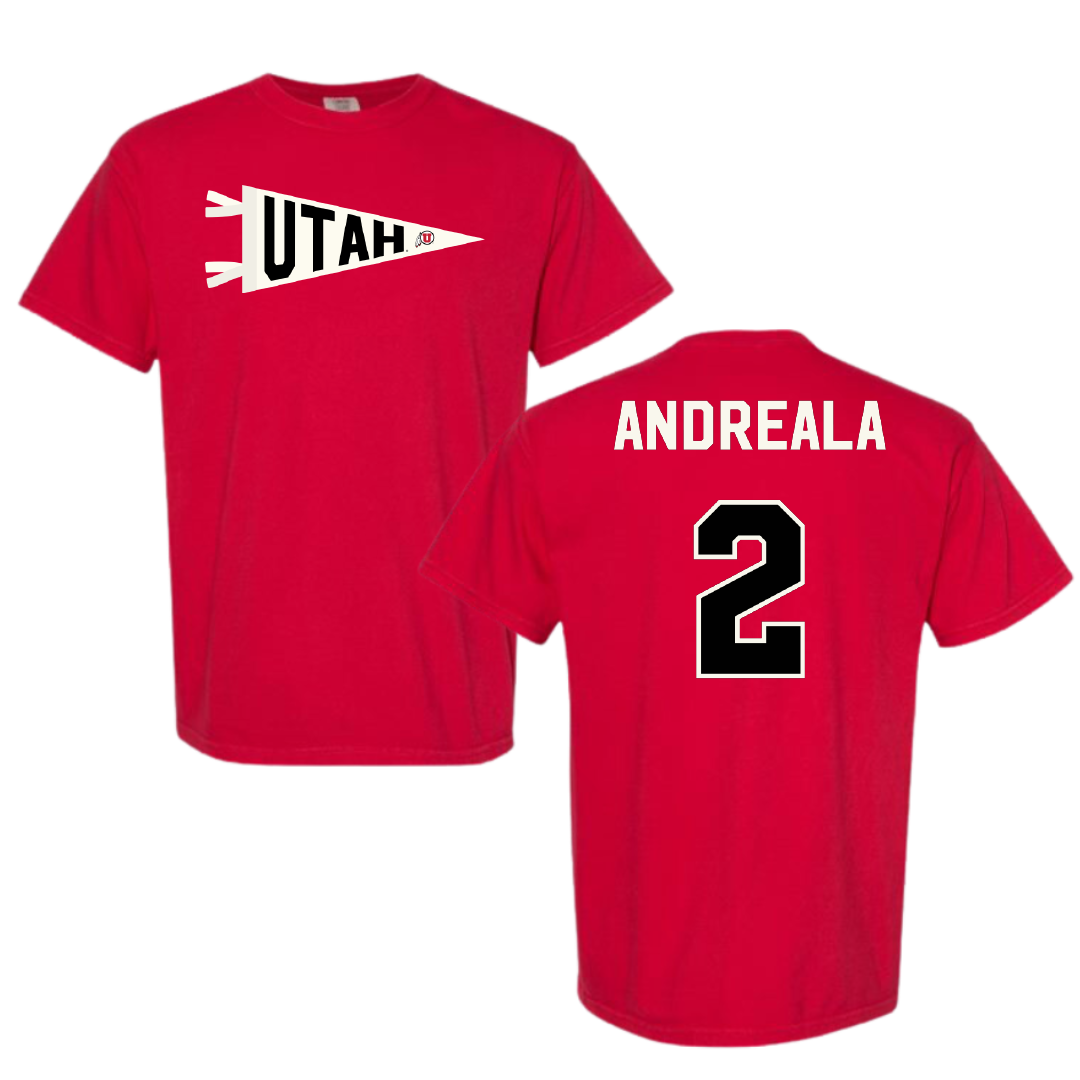 University of Utah Lacrosse Red Pennant Comfort Colors Tee - #2 Jared Andreala