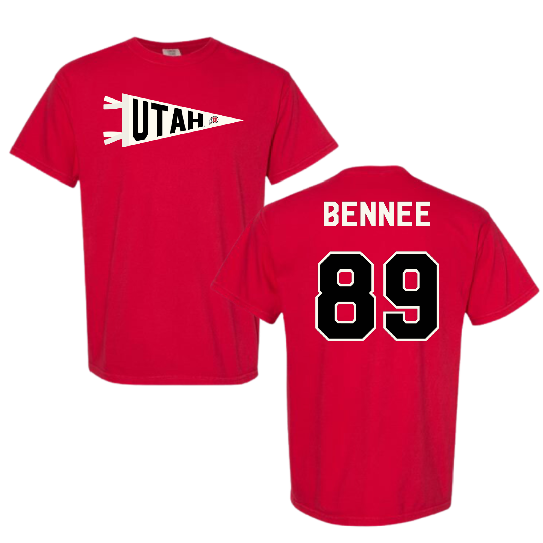 University of Utah Football Red Pennant Comfort Colors Tee - #89 Noah Bennee
