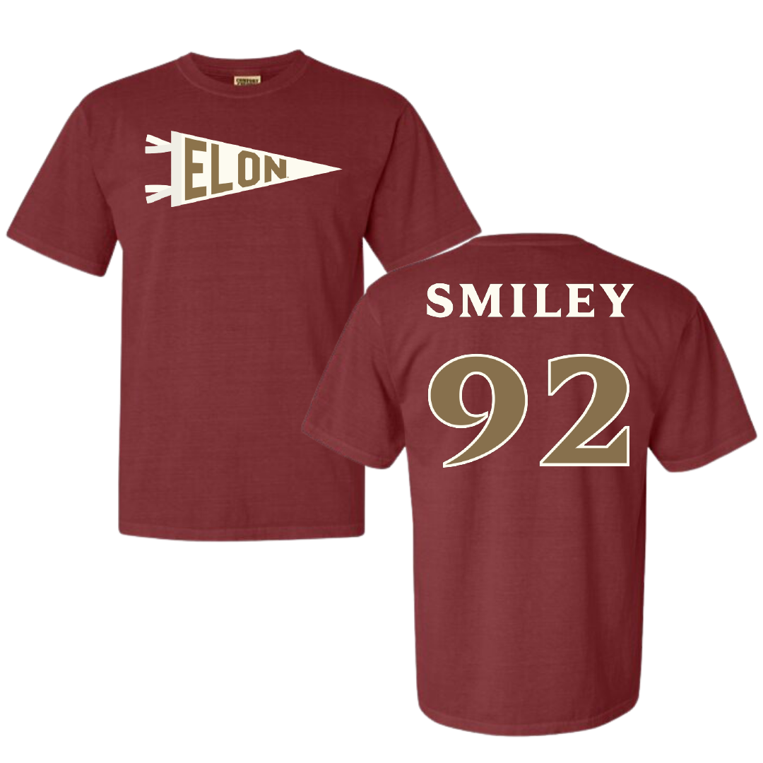Elon University Football Maroon Pennant Comfort Colors Tee - #92 Brandon Smiley