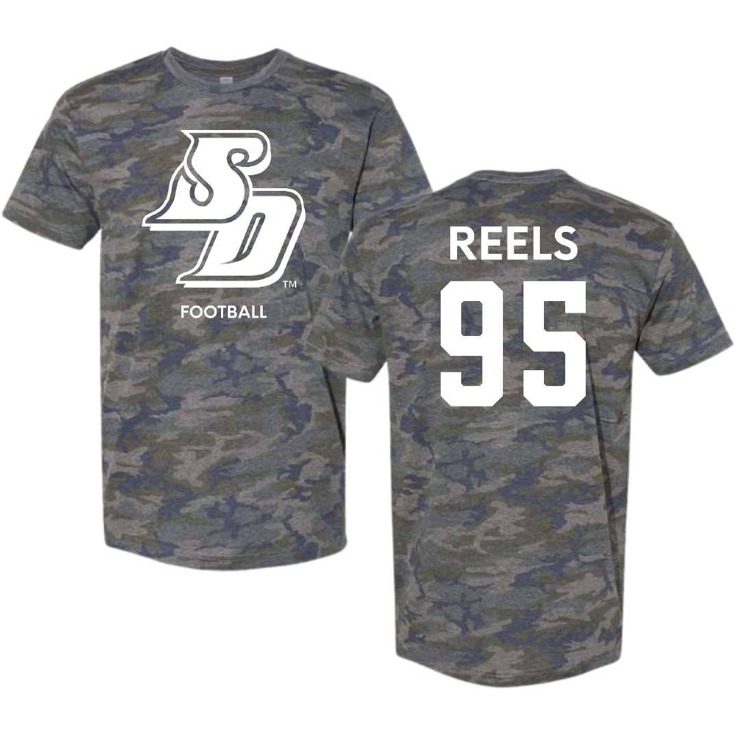 University of San Diego Football Vintage Camo Tee - #95 Jae’Von Reels