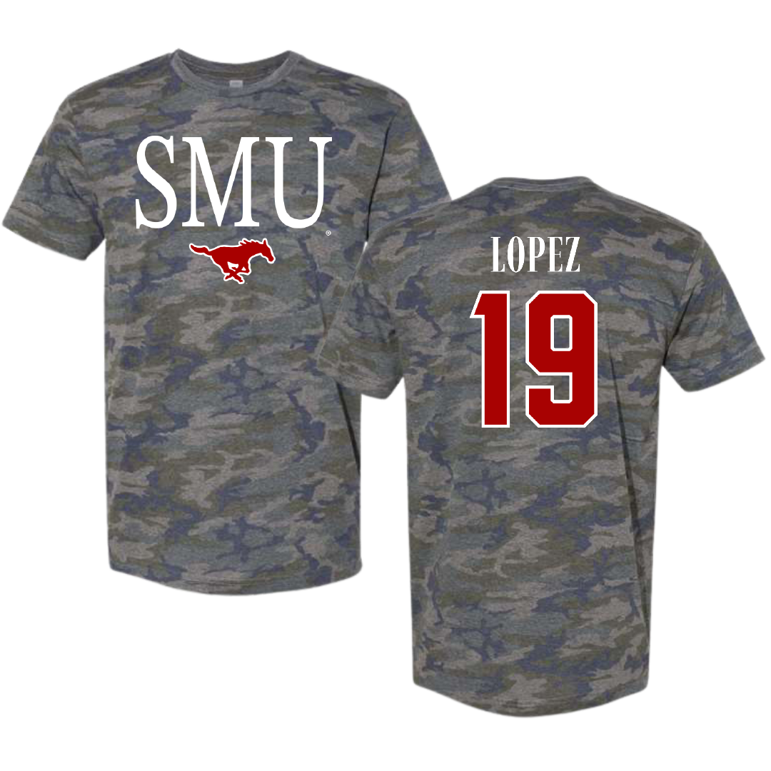 Southern Methodist University Soccer Vintage Camo Tee - #19 Milton Lopez
