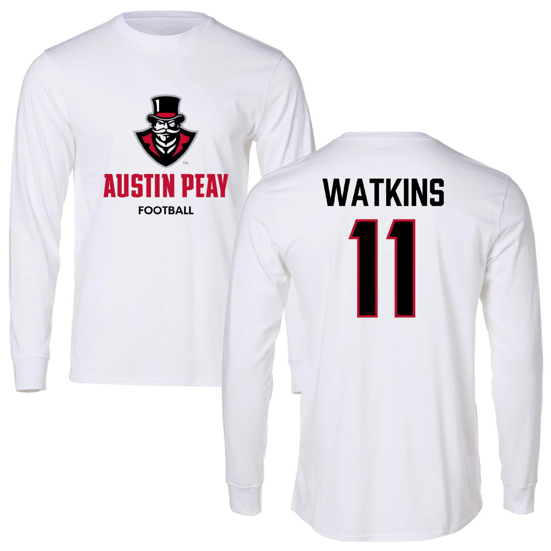 Austin Peay State University Football White Performance Long Sleeve - #11 Ty Watkins