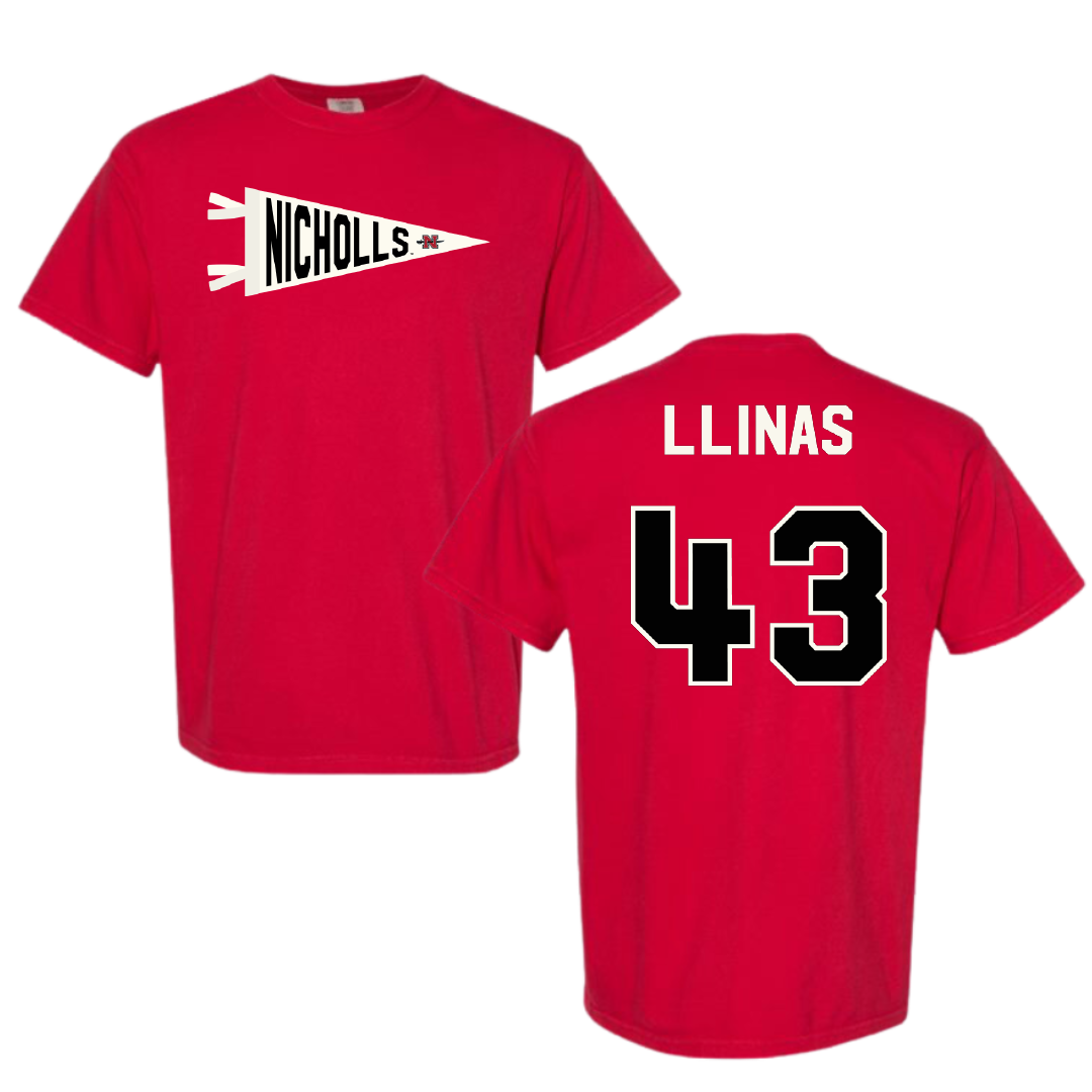 Nicholls State University Baseball Red Pennant Comfort Colors Tee - #43 Alexander Llinas
