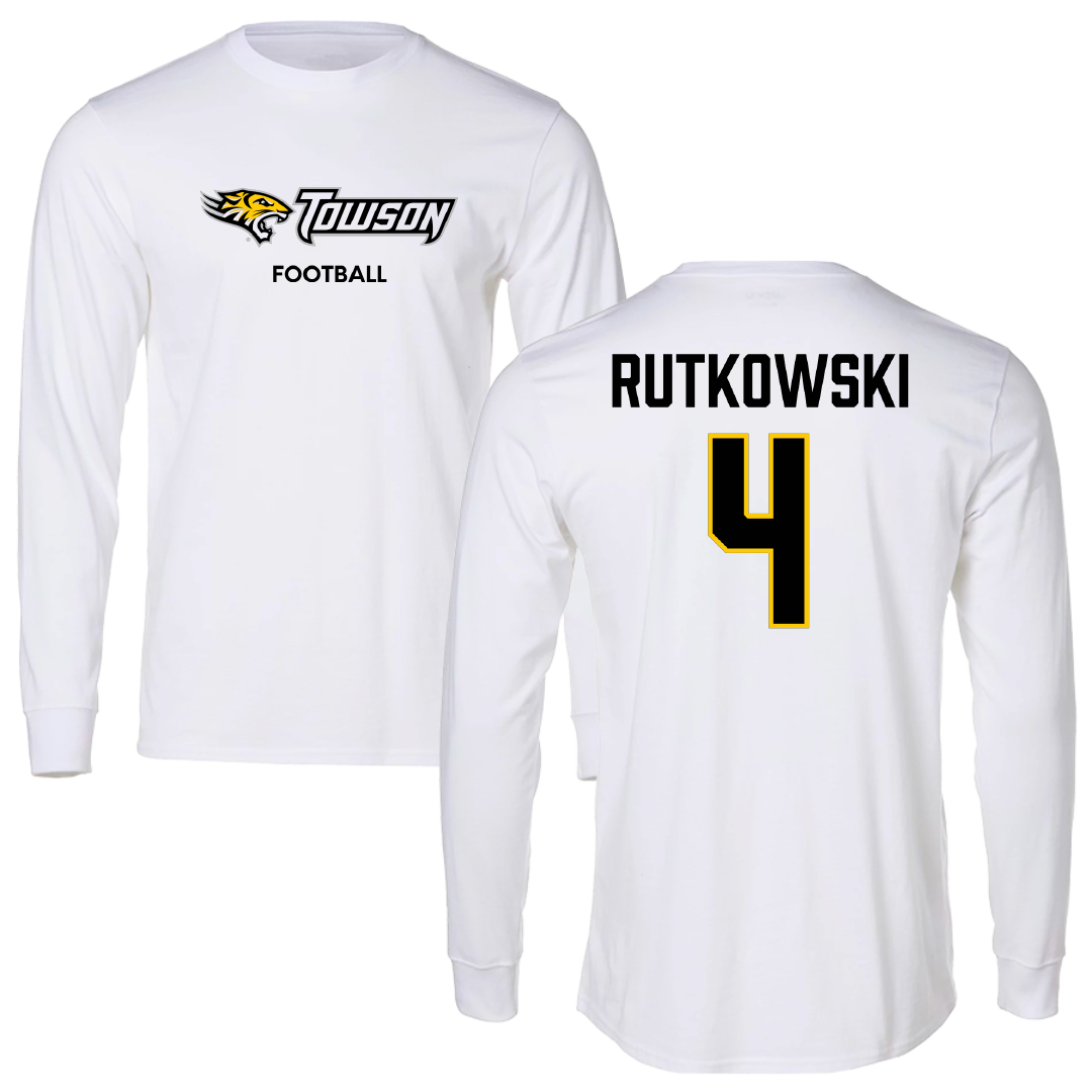 Towson University Football White Performance Long Sleeve - #4 Evan Rutkowski