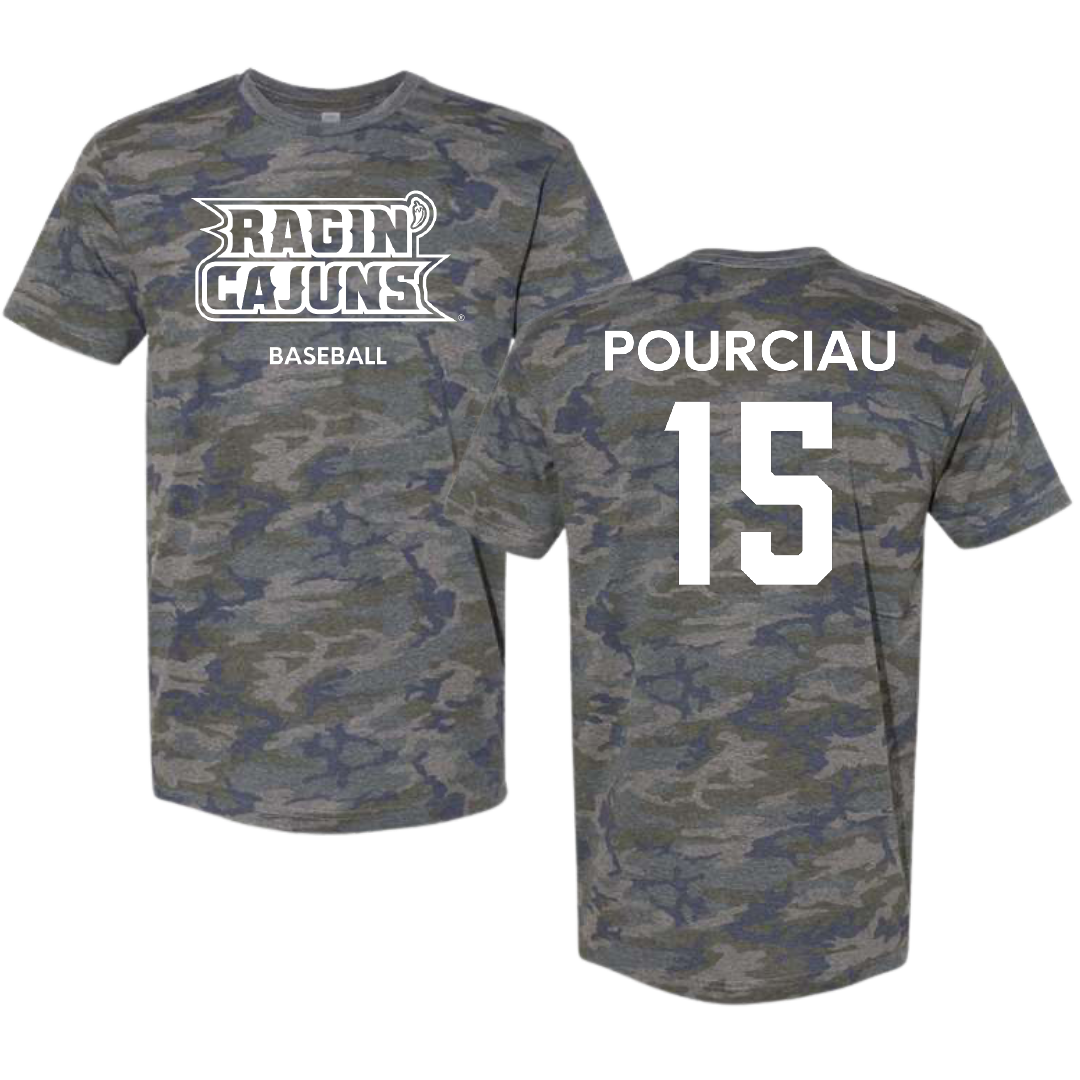 University of Louisiana at Lafayette Baseball Vintage Camo Tee - #15 Clayton Pourciau