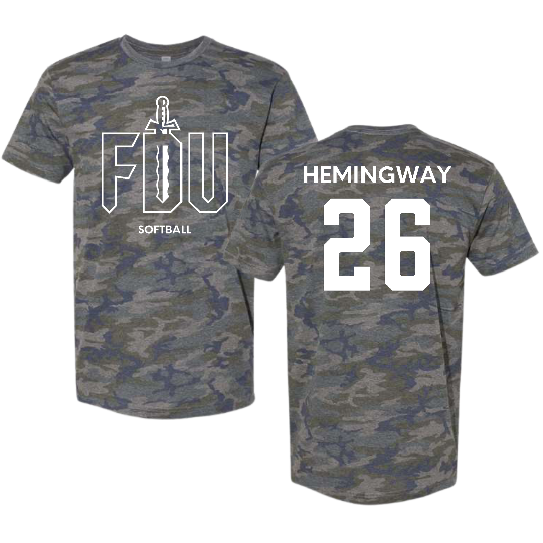 Fairleigh Dickinson University-Metropolitan Campus Softball Vintage Camo Tee - #26 Jordyn Hemingway