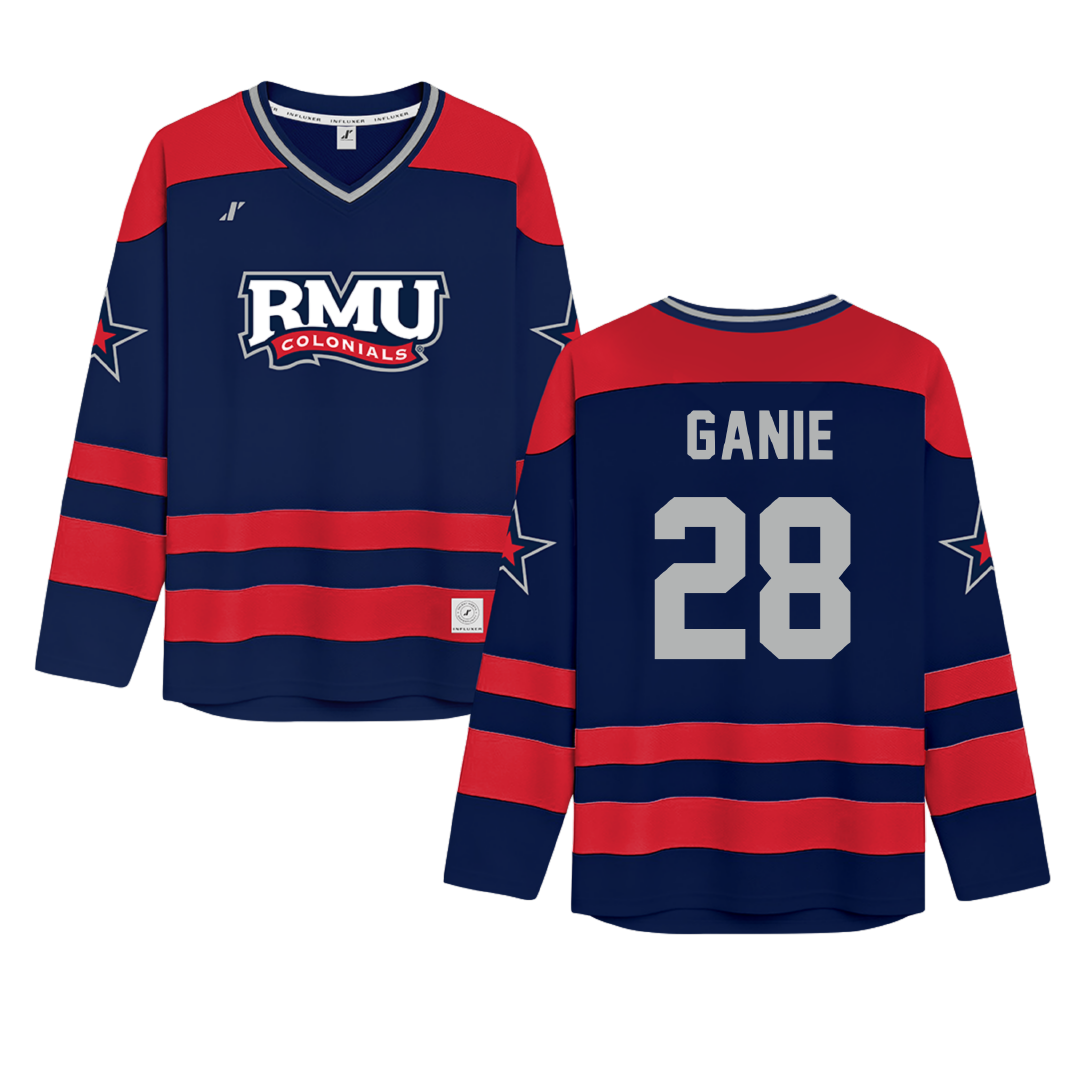 Robert Morris University Navy Hockey Jersey - #28 Logan Ganie