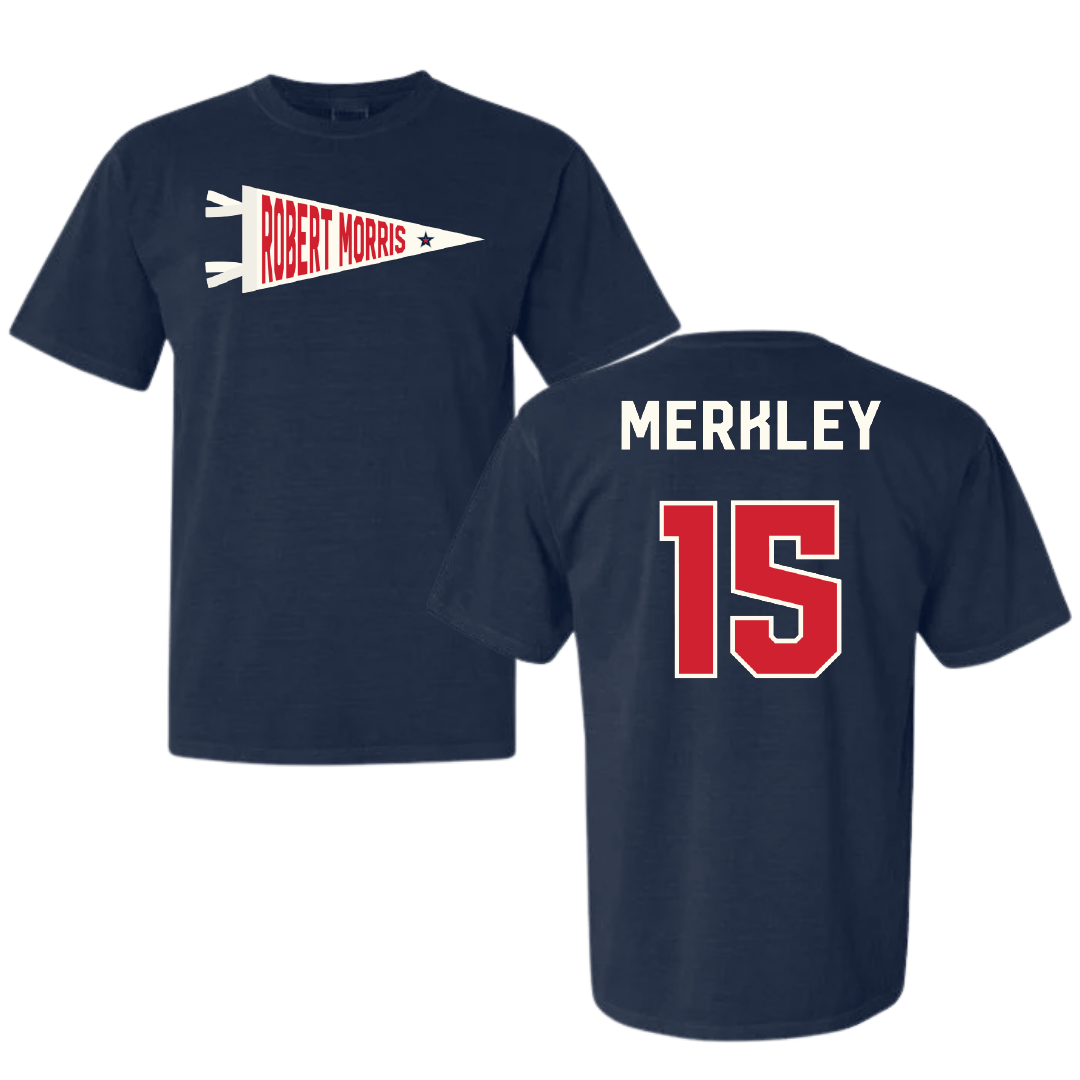 Robert Morris University Ice Hockey Navy Pennant Comfort Colors Tee - #15 Charles Merkley