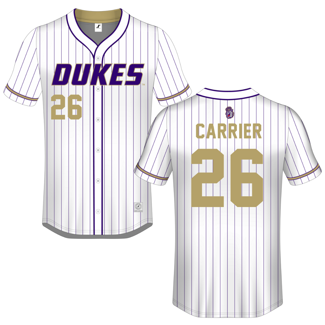 James Madison University White Pinstripe Button-Down Jersey - #26 Kate Carrier