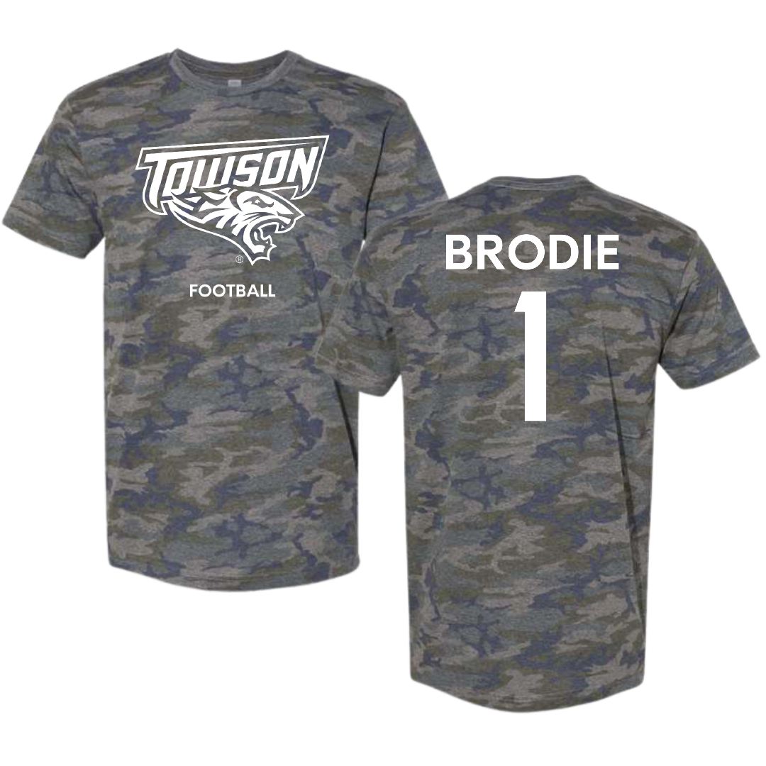 Towson University Football Vintage Camo Tee - #1 Myles Brodie