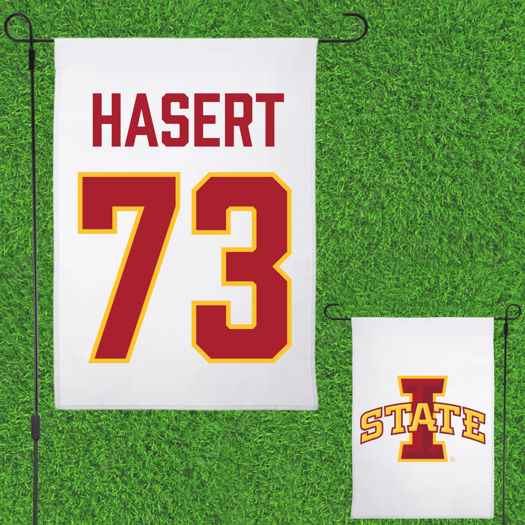 Iowa State University Football White Garden Flag - #73 Deylin Hasert