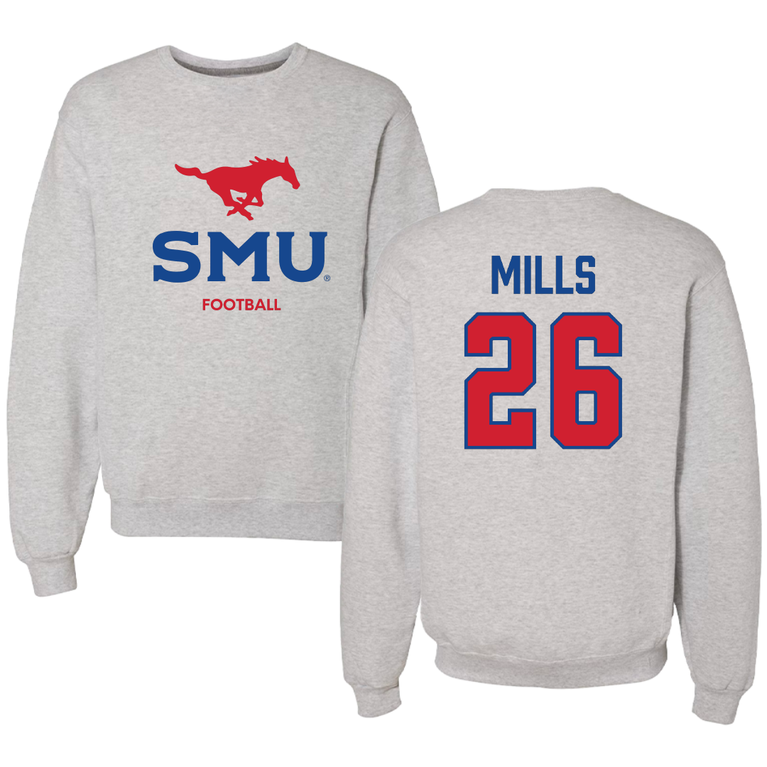 Southern Methodist University Football Light Gray Crewneck - #26 Keyshon Mills
