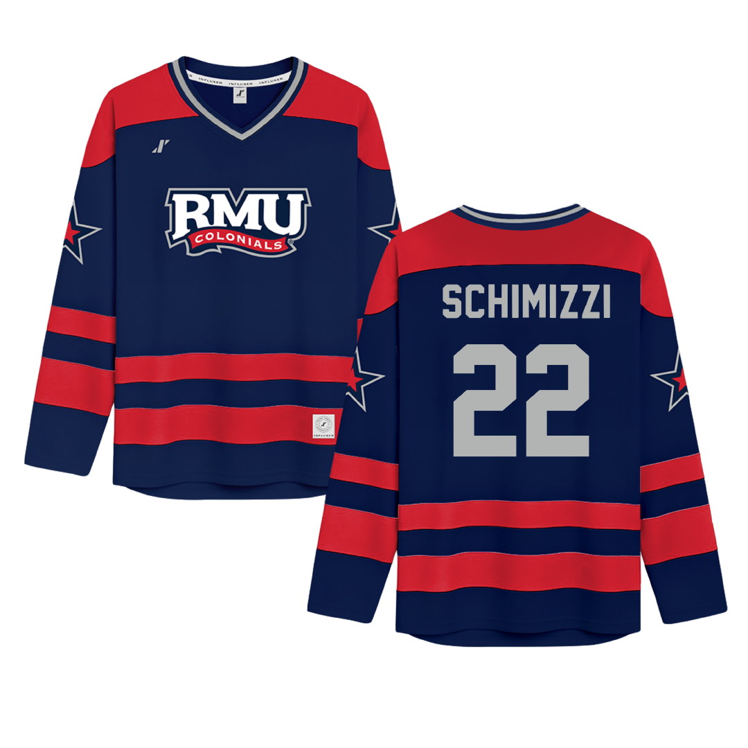 Robert Morris University Navy Hockey Jersey - #22 Dominic Schimizzi
