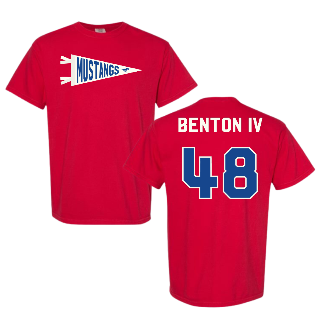 Southern Methodist University Football Red Pennant Comfort Colors Tee - #48 Will Benton IV