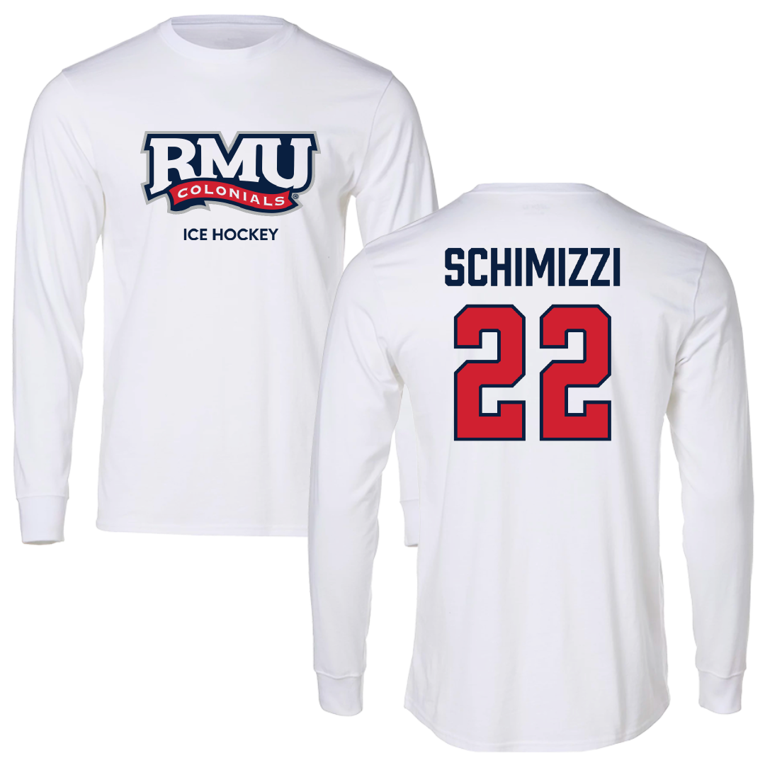Robert Morris University Ice Hockey (M) White Performance Long Sleeve - #22 Dominic Schimizzi