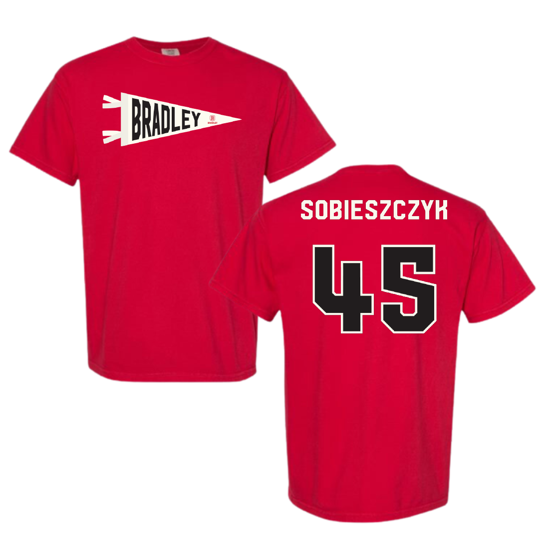 Bradley University Baseball Red Pennant Comfort Colors Tee - #45 Isaac Sobieszczyk
