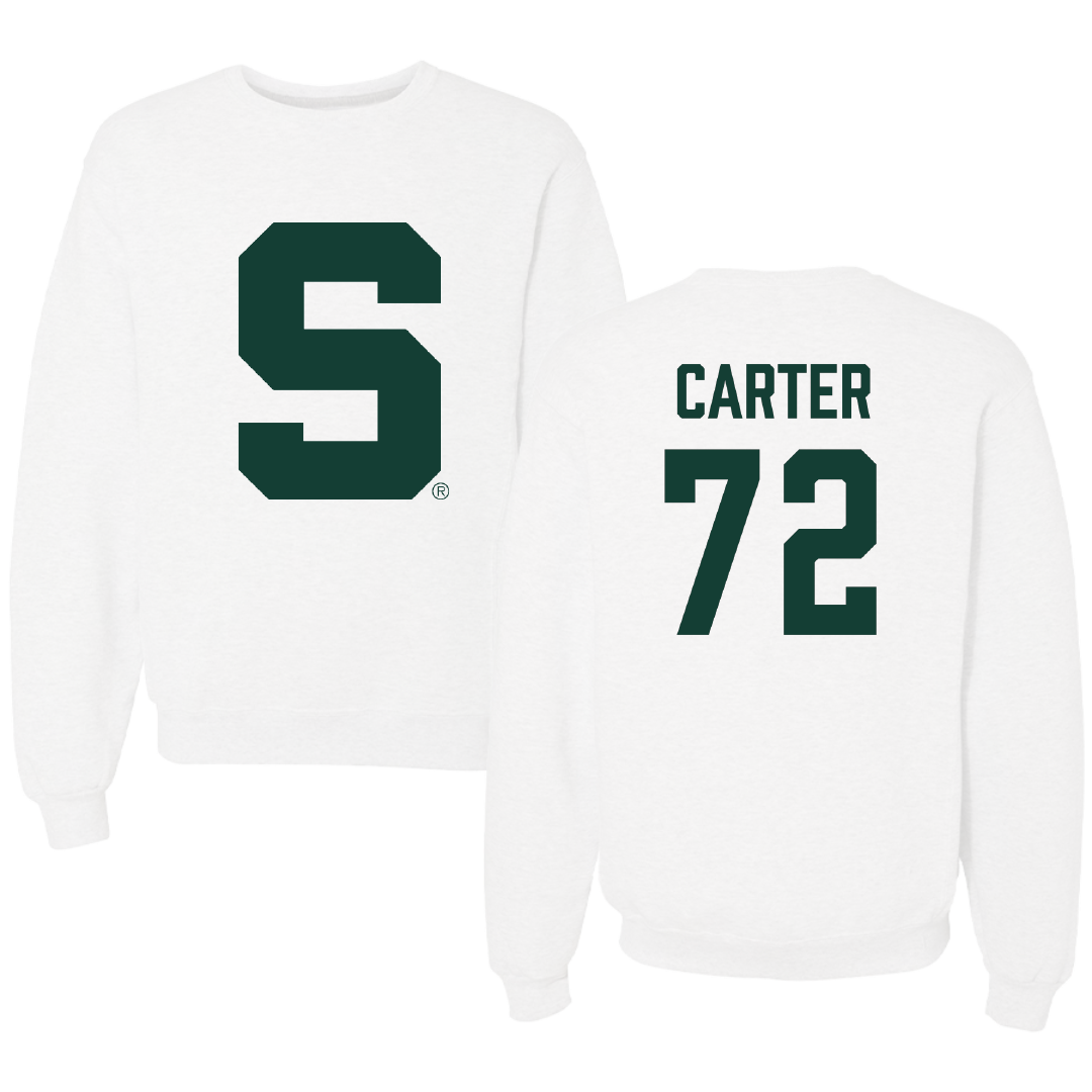 Michigan State University Football White Crewneck - #72 Caleb Carter