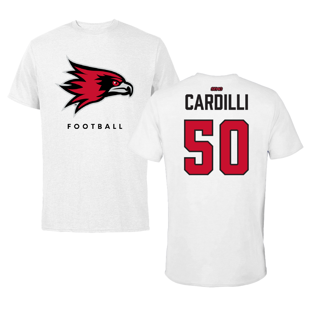 Southeast Missouri State University Football White Tee - #50 Mike Cardilli