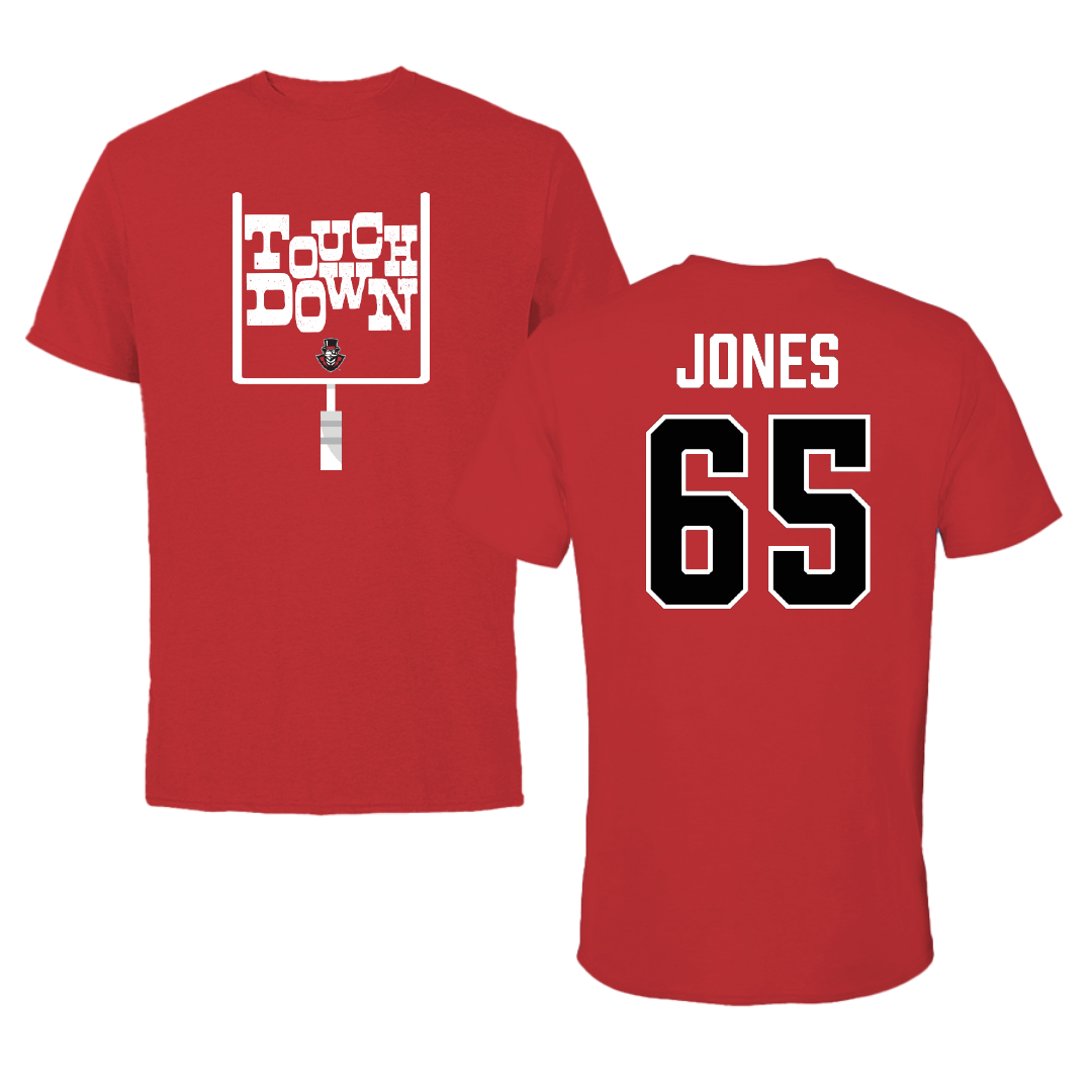 Austin Peay State University Football Red Touchdown Tee - #65 Miada Jones