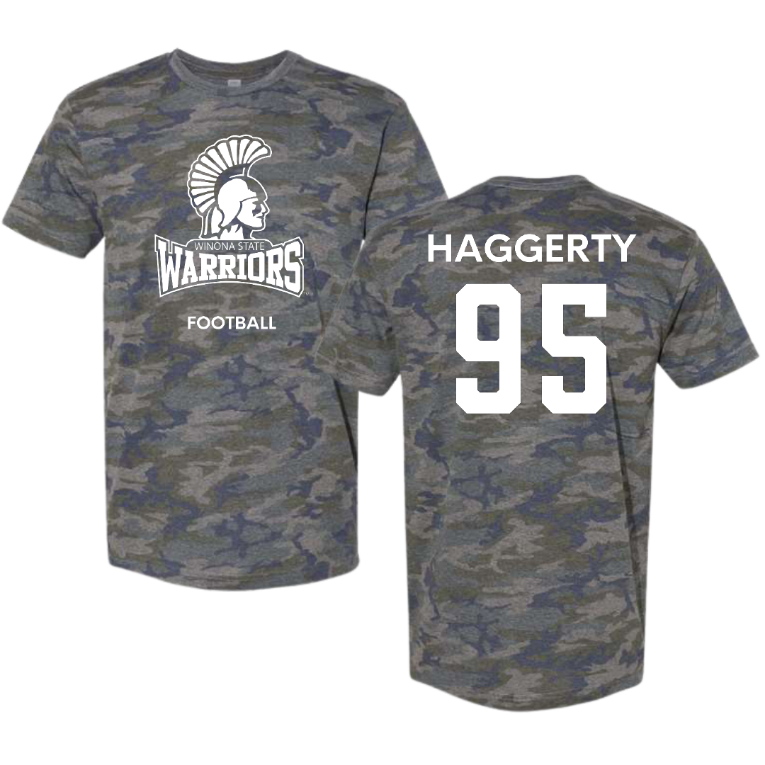 Winona State University Football Vintage Camo Tee - #95 Conner Haggerty