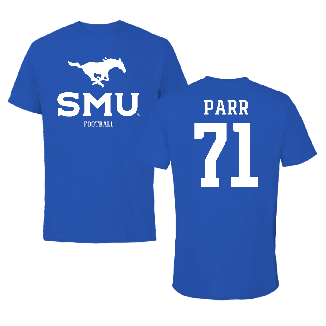 Southern Methodist University Football Blue Mascot Tee - #71 Logan Parr