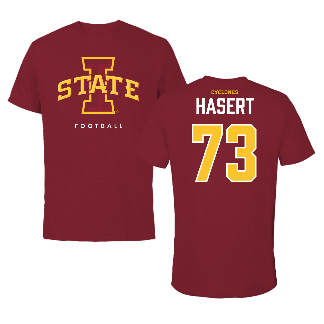 Iowa State University Football Cardinal Tee - #73 Deylin Hasert