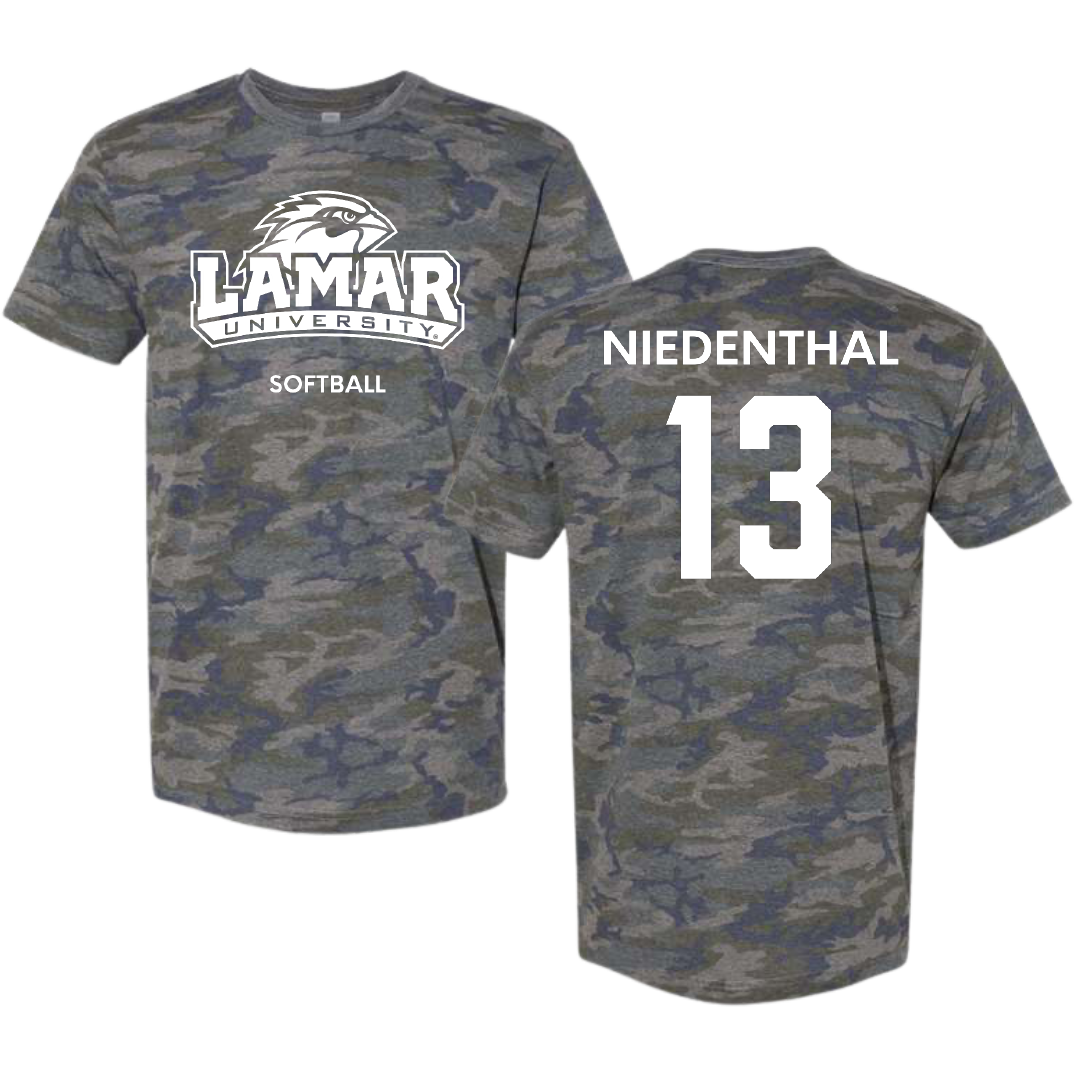 Lamar University Softball Vintage Camo Tee - #13 Cameron Niedenthal