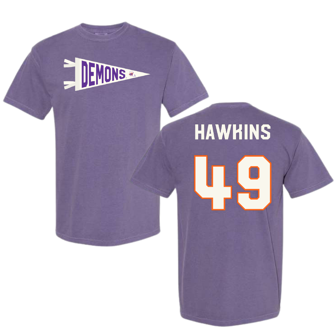 Northwestern State University Football Purple Pennant Comfort Colors Tee - #49 Christian Hawkins