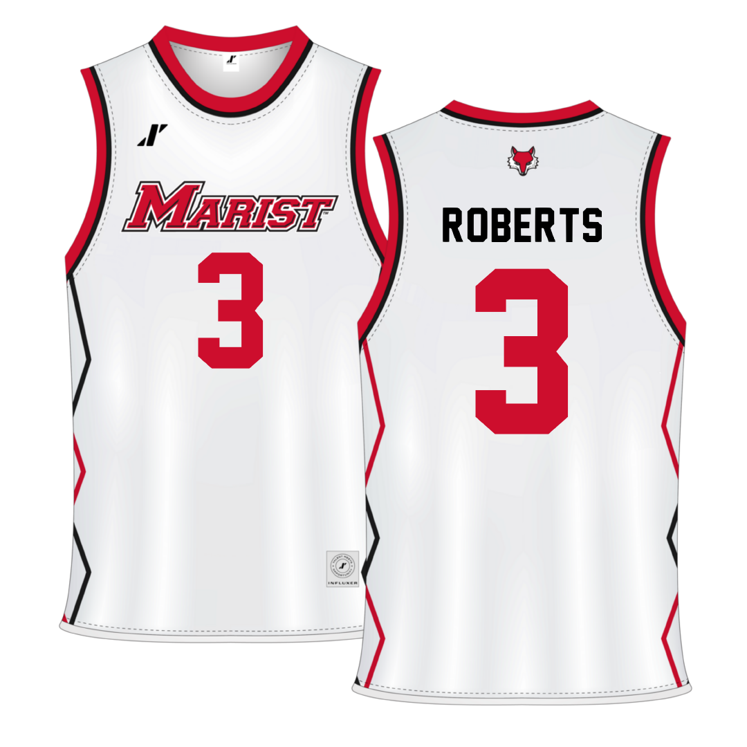 Marist University White Basketball Jersey - #3 Travis Roberts