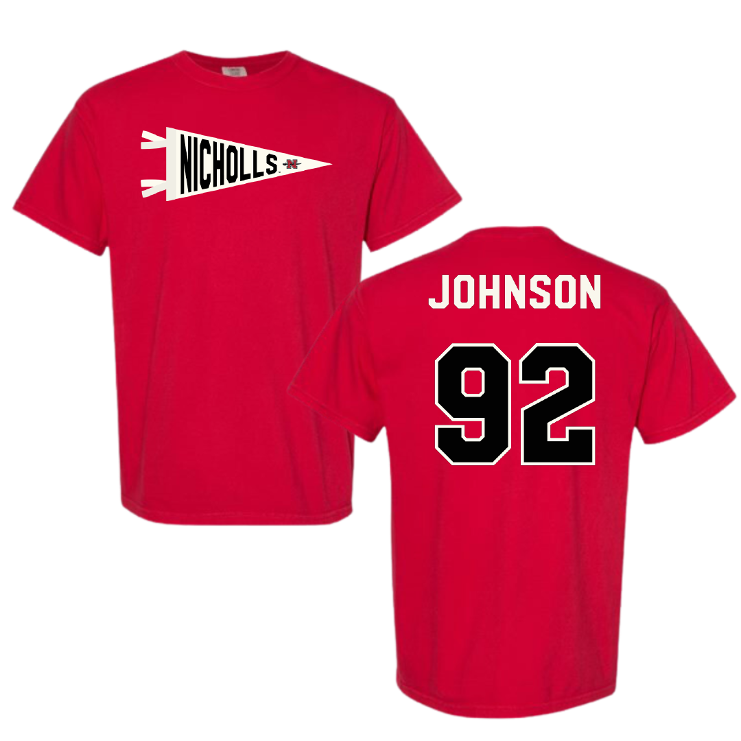 Nicholls State University Football Red Pennant Comfort Colors Tee - #92 Joshua Johnson