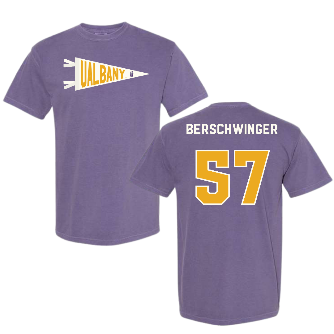 University at Albany Football Purple Pennant Comfort Colors Tee - #57 Troy Berschwinger