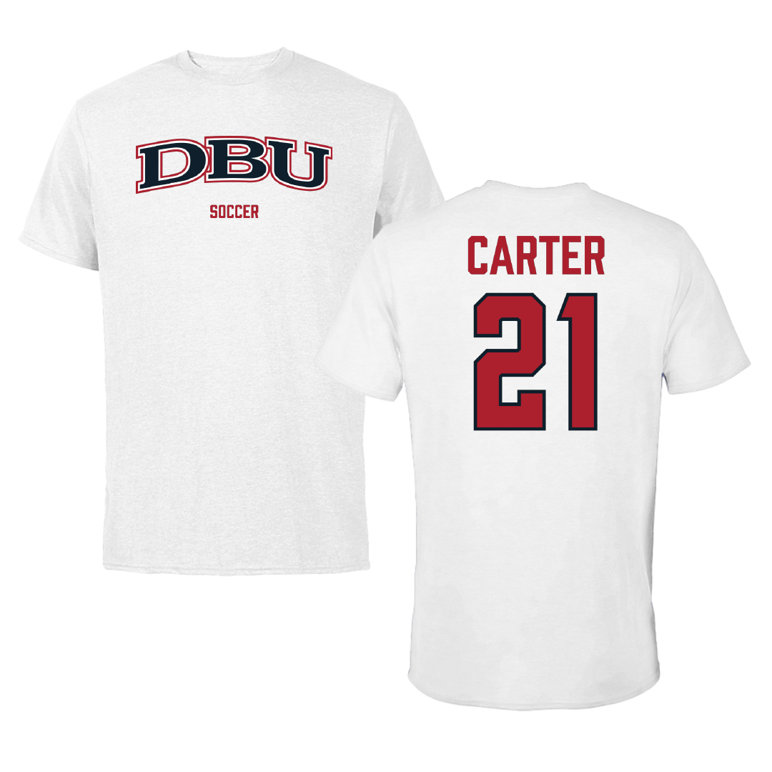 Dallas Baptist University Soccer (W) White Performance Tee - #21 Amiyah Carter