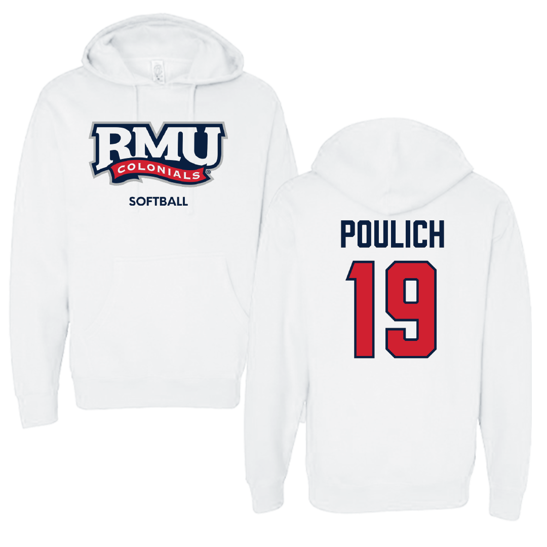 Robert Morris University Softball White Colonials Hoodie - #19 Courtney Poulich