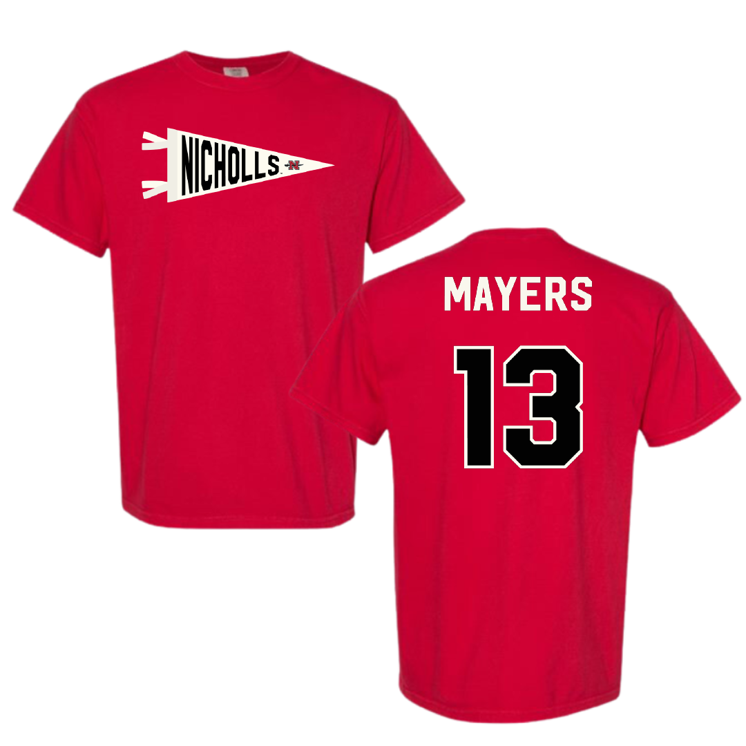 Nicholls State University Baseball Red Pennant Comfort Colors Tee - #13 Jacob Mayers
