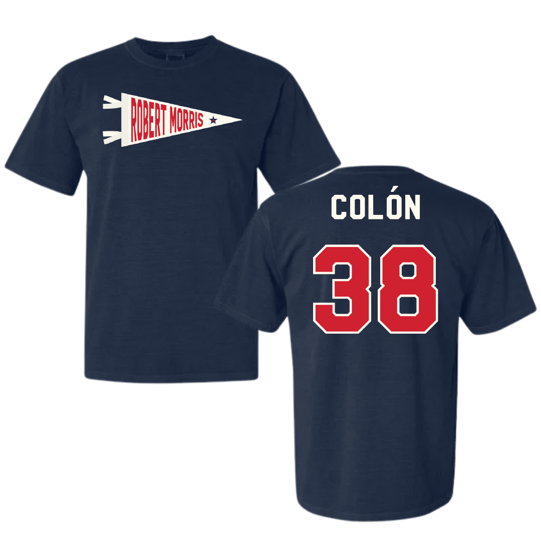 Robert Morris University Lacrosse Navy Pennant Comfort Colors Tee - #38 Sam Colón