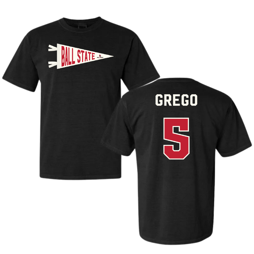 Ball State University Baseball Black Pennant Comfort Colors Tee - #5 Dylan Grego