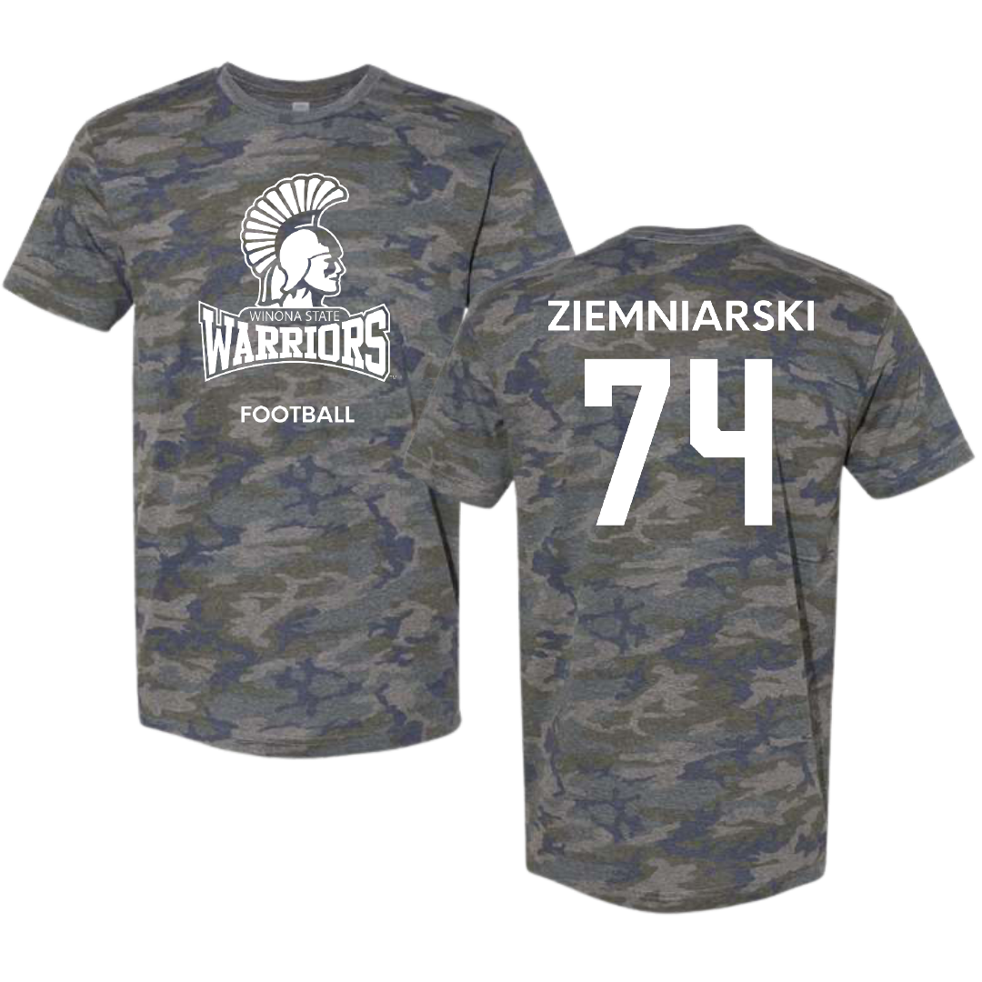 Winona State University Football Vintage Camo Tee - #74 Jake Ziemniarski