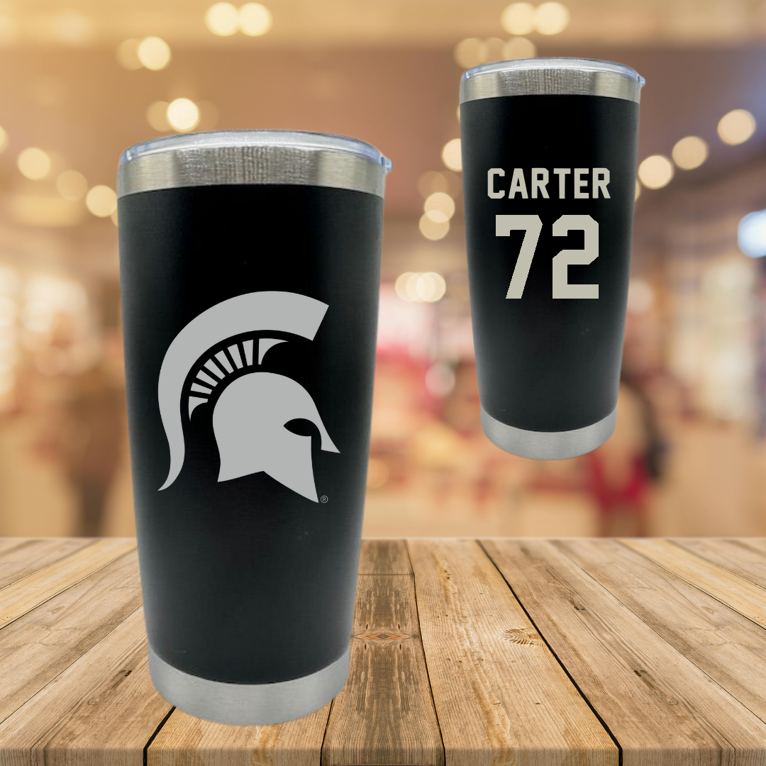Michigan State University Football Black Stainless Steel Tumbler - #72 Caleb Carter