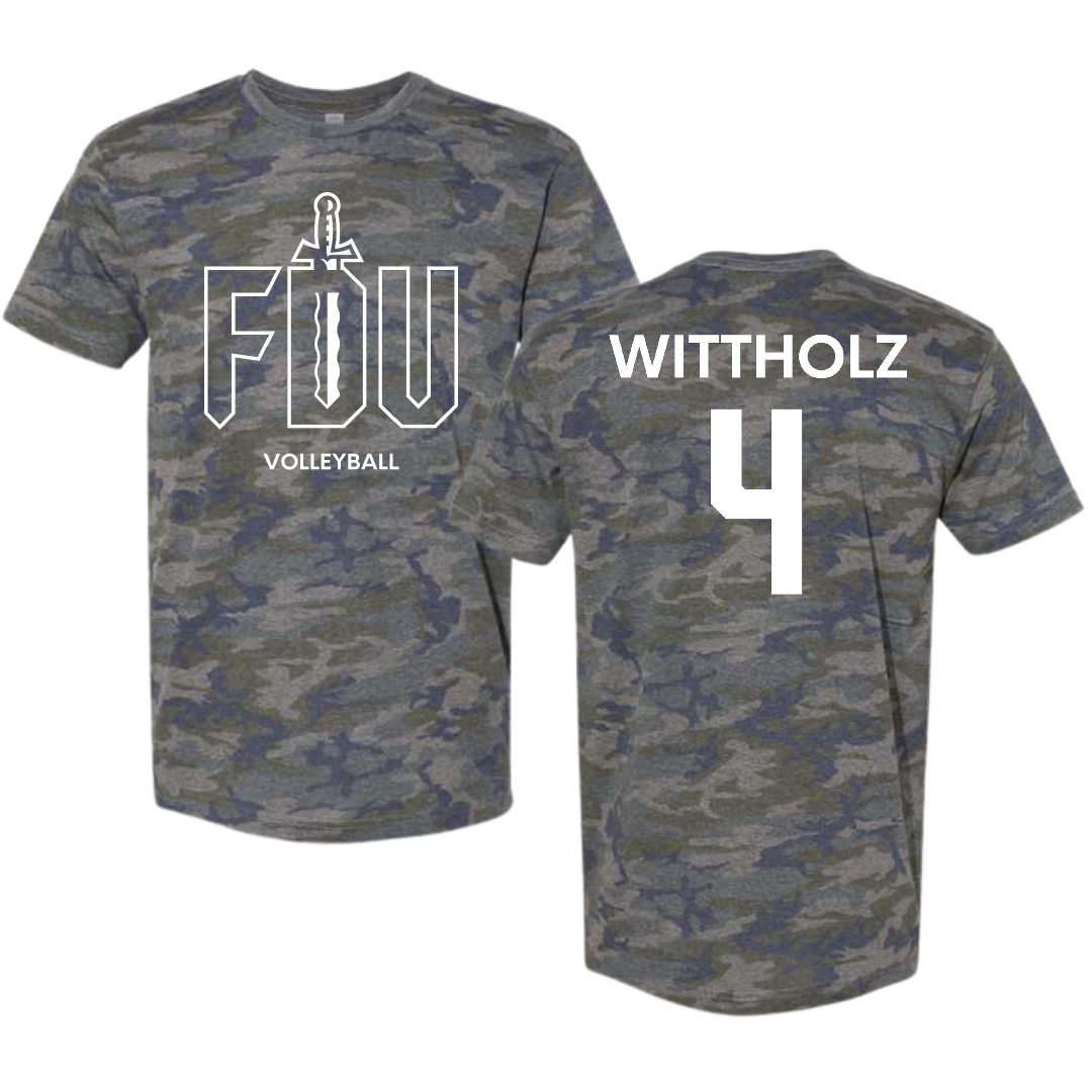 Fairleigh Dickinson University-Metropolitan Campus Volleyball (W) Vintage Camo Tee - #4 Samantha Wittholz
